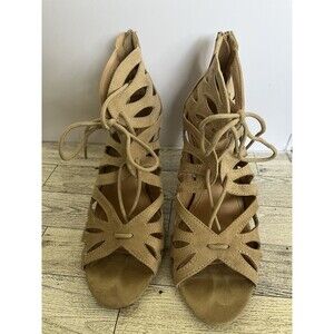 Christian Siriano Strappy Sandals Zip Heels Beige Faux Suede Size 8